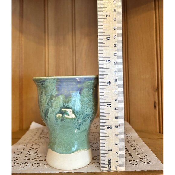 Handcrafted Studio Ceramic Pottery Blue Green Artist Signed Goblet Planter Vase - Picture 5 of 7